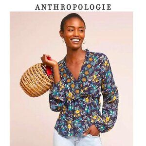 ANTHROPOLOGIE - Meadow Rue Strasser Boho navy blue floral embroidered blouse